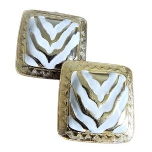 Vintage Gold Tone White Animal Zebra Stripe Retro Earrings Chevron 80's